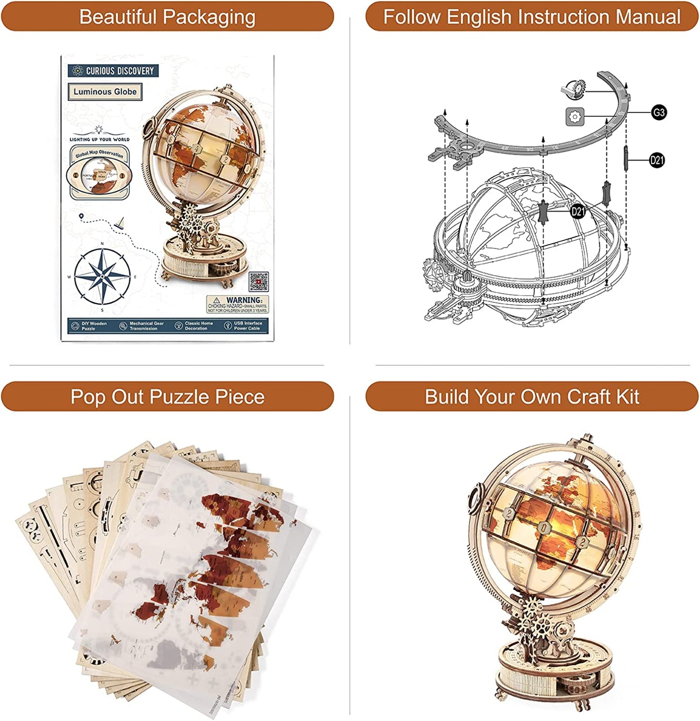 Luminous 3D Wooden Model Globe