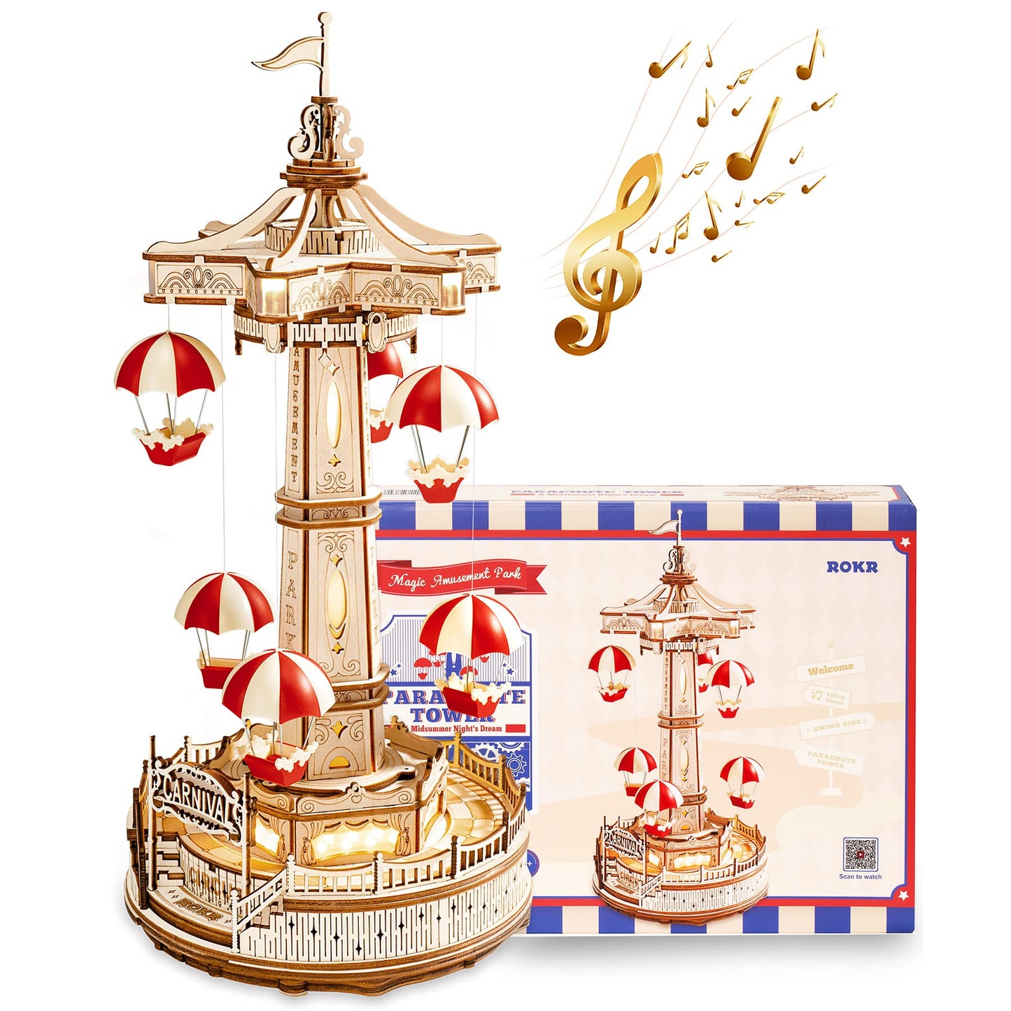 3D Wooden Parachute Tower Music Box Puzzle.